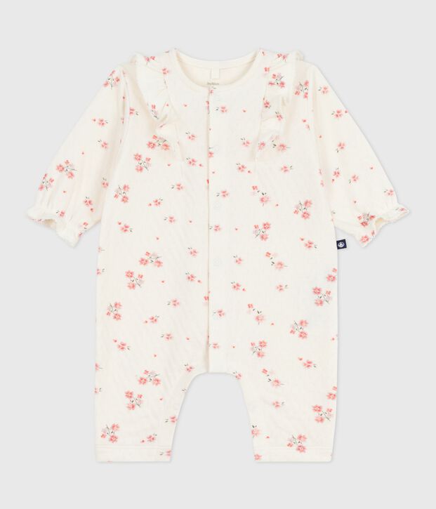 Tutina neonato in cotone a volant con stampa a fiori ecru/multicolore