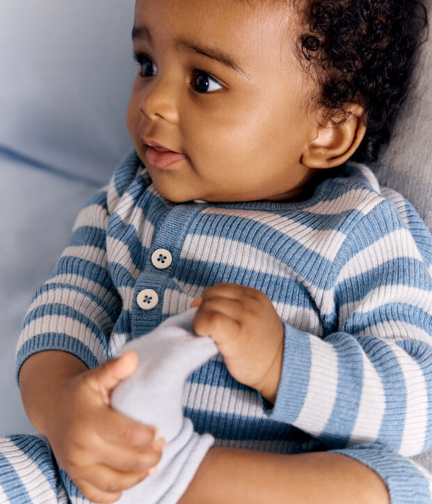 Tutina in maglia di misto lana e cotone a righe neonato blu/blu