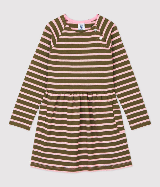 Abito bambina a maniche lunghe in cotone verde/CHARME BRILLANT
