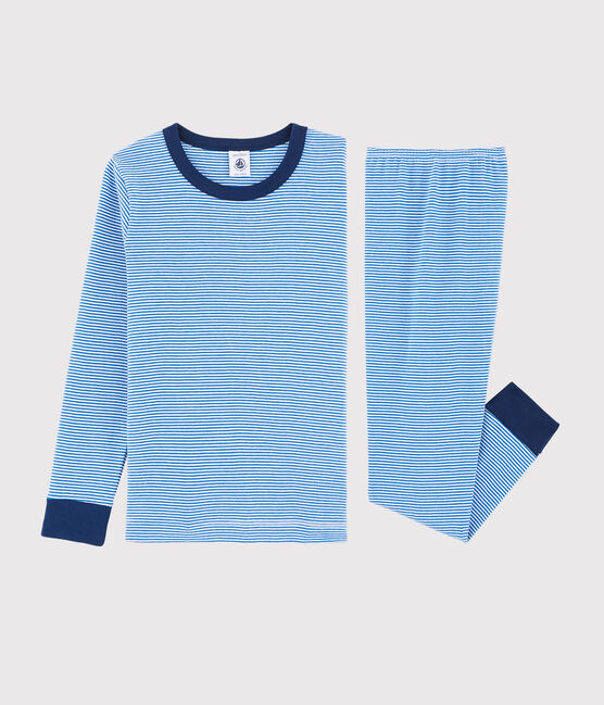 Pigiama millerighe blu bambino a costine blu RUISSEAU/bianco MARSHMALLOW
