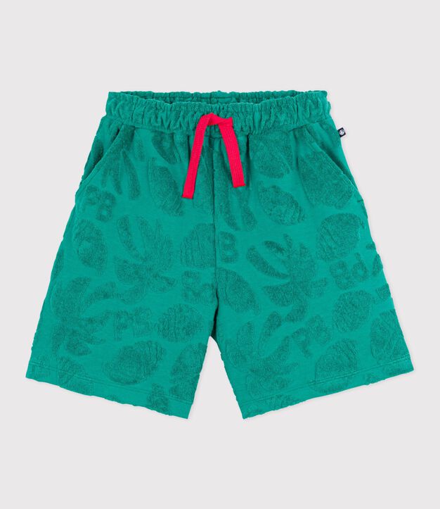 Bermuda corti in cotone tinta unita con stampa bambino verde