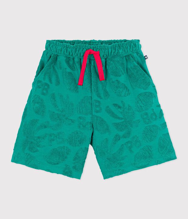 Bermuda corti in cotone tinta unita con stampa bambino verde