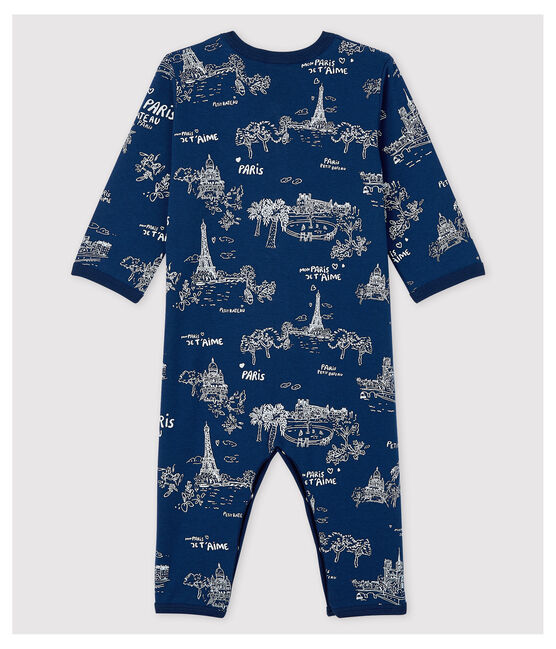 Tutina pigiama senza piedi tela di Jouy Parigi bebè in cotone blu MEDIEVAL/bianco ECUME