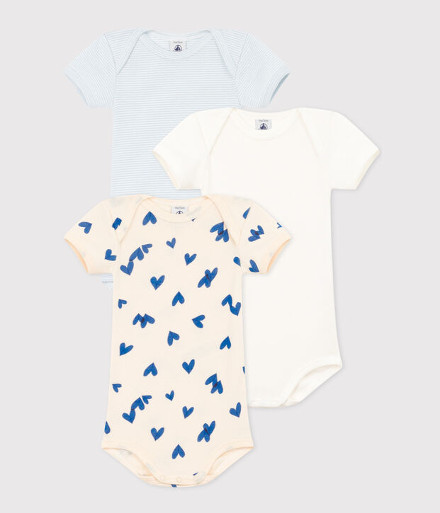 Confezione da 3 body beb&egrave; con cuori blu a manica corta in cotone multicolore