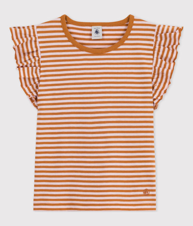 T-shirt bambina in cotone a righe marrone/rosa