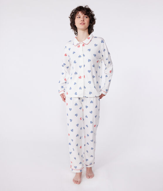 Pigiama da donna in cotone con bottoni e stampa a cuore bianco MARSHMALLOW/bianco MULTICO