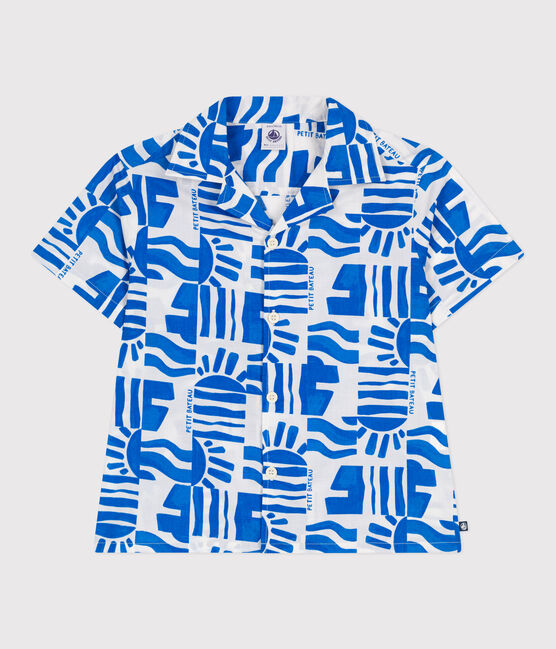 Camicia a maniche corte in cotone con stampa bambino blu MARSHMALLOW/ PORCELANA