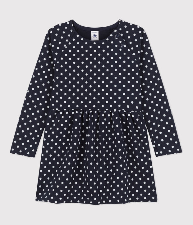 Abito a pois a maniche lunghe in tessuto felpato bambina blu/ecru