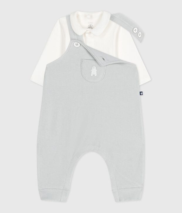 Set con salopette in cotone tinta unita con dettagli raffinati neonato blu/bianco