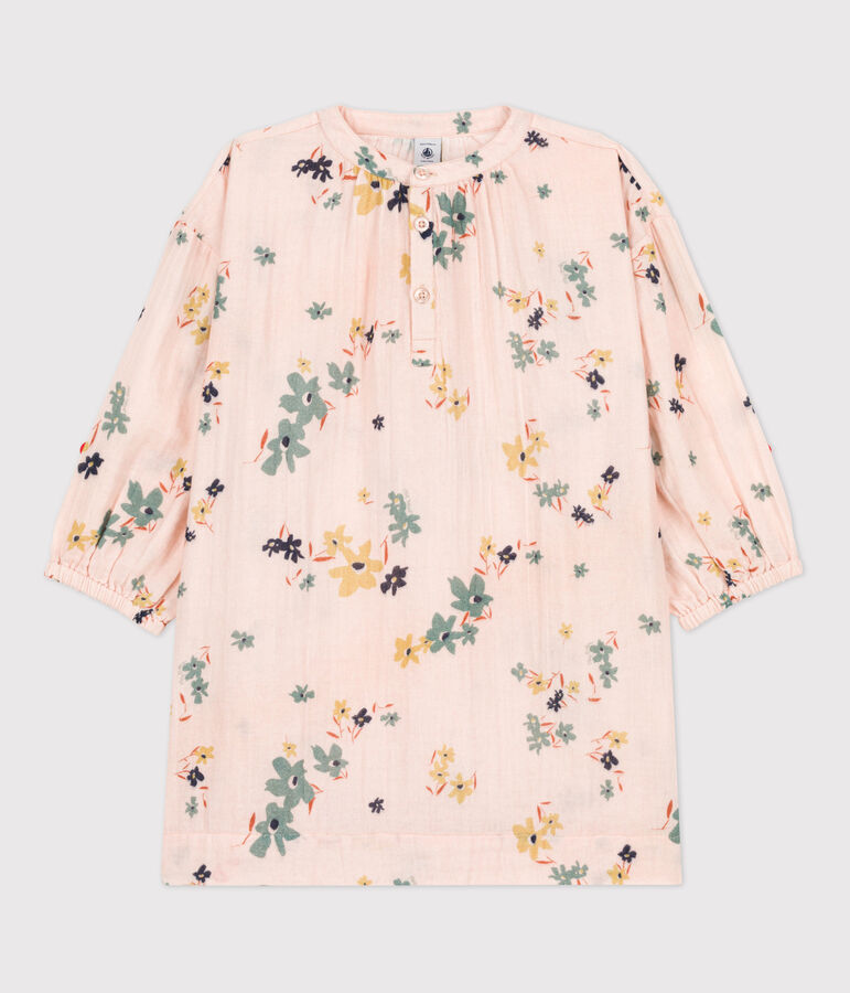 Abito bambina a maniche lunghe in garza di cotone rosa SALINE/bianco MULTICO