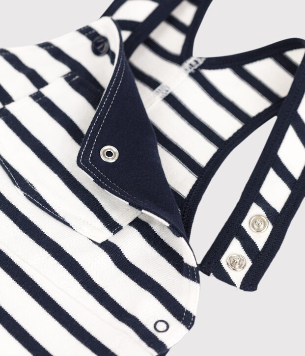 Salopette a righe marini&egrave;re in jersey spesso neonato bianco/blu