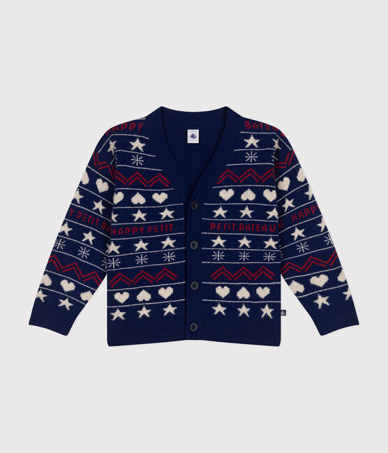 Cardigan in misto lana e cotone lavorato jacquard bambino blu MEDIEVAL/bianco MULTICO
