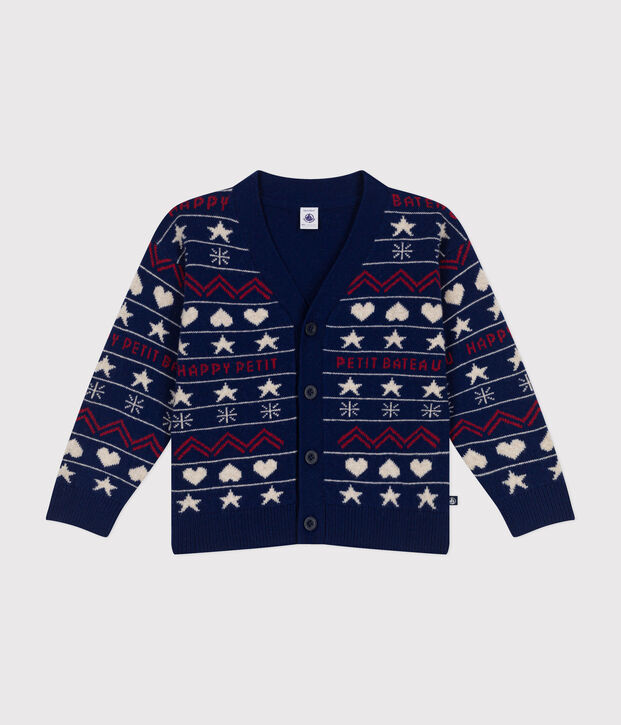 Cardigan in misto lana e cotone lavorato jacquard bambino blu/multicolore