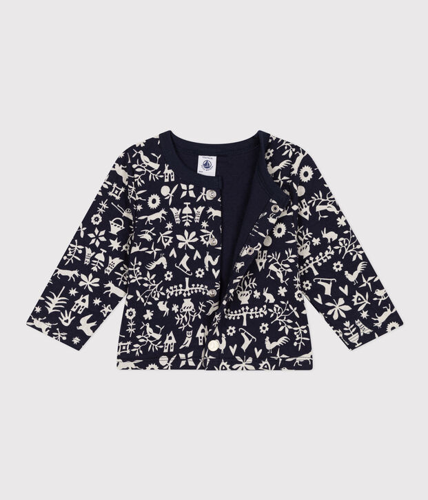 Cardigan in tubique trapuntato con stampa per beb&egrave; blu/ecru