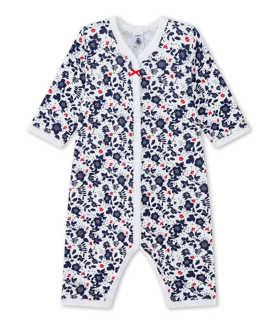 Tutina senza piedi bebè bambina in tubique stampata bianco ECUME/bianco MULTICO
