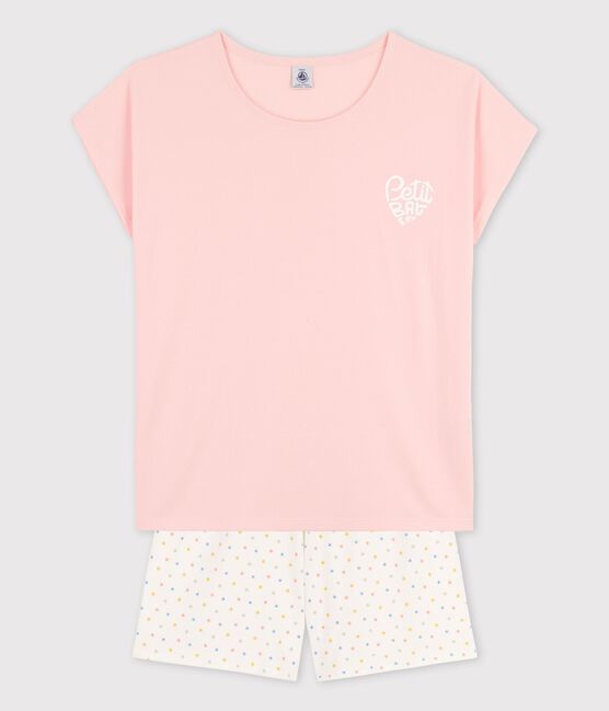 Pigiama corto bambina rosa in cotone biologico rosa MINOIS/bianco MULTICO