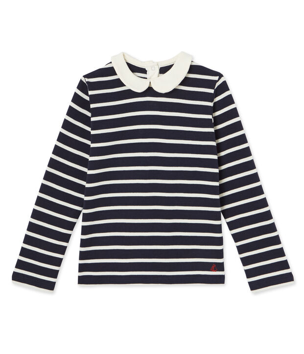 T-shirt fille manches longues ray&eacute; blu/bianco