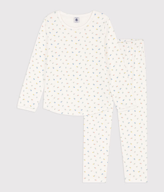 Pigiama bambina in cotone a fiori  bianco MARSHMALLOW/bianco MULTICO