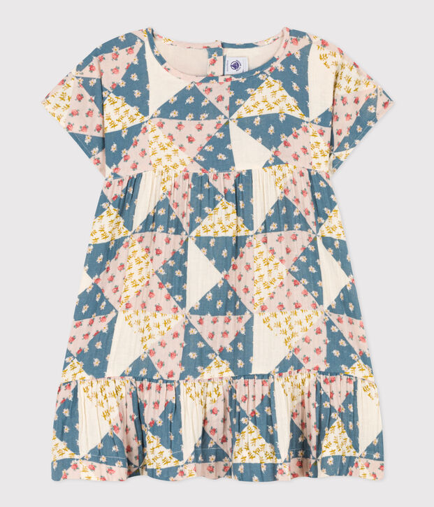 Abito a maniche corte in garza di cotone bambina ecru/multicolore