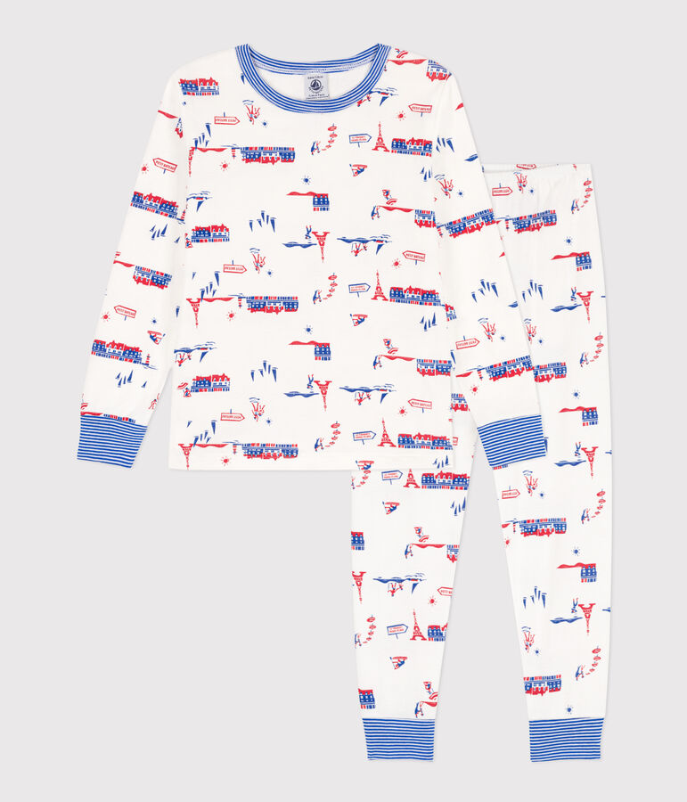 Pigiama fantasia Parigi bambino unisex in cotone bianco/multicolore