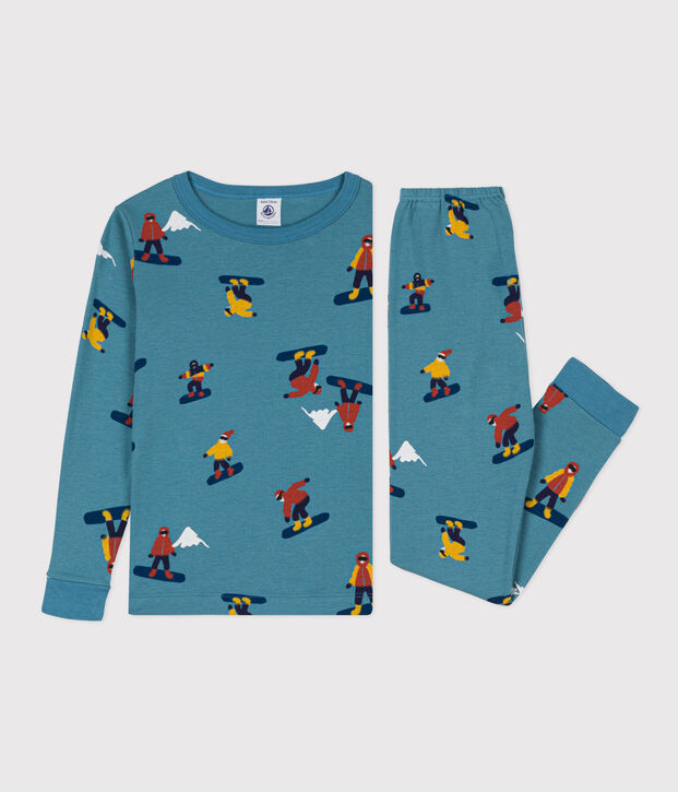 Pigiama bambino unisex in cotone aderente motivo snowboard blu/multicolore