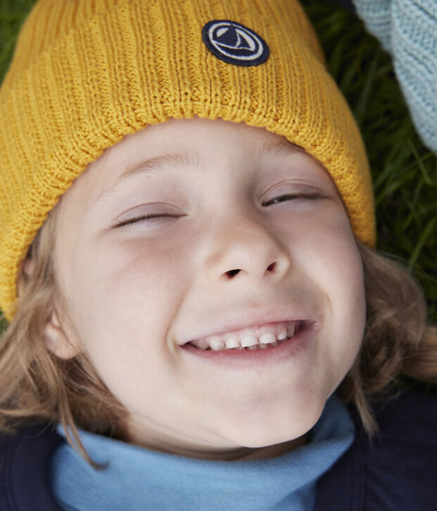 Cappello in maglia con fodera in pile bambino unisex giallo