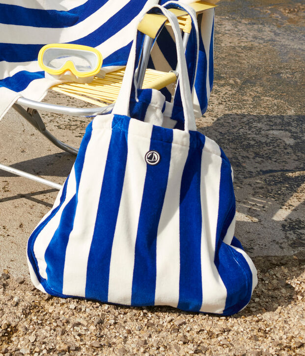 BORSA DA DONNA IN SPUGNA BOUCLETTE A RIGHE blu/bianco