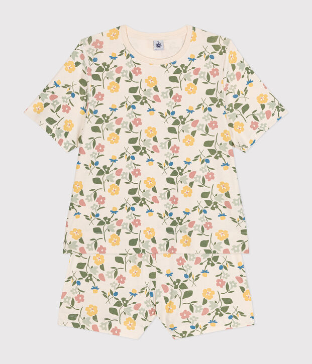 Pigiama donna con pantaloncini e t-shirt in cotone con motivo floreale ecru/multicolore