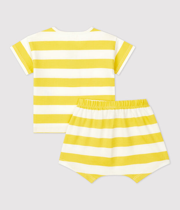 Completo 2 pezzi a righe beb&egrave; in jersey giallo/bianco