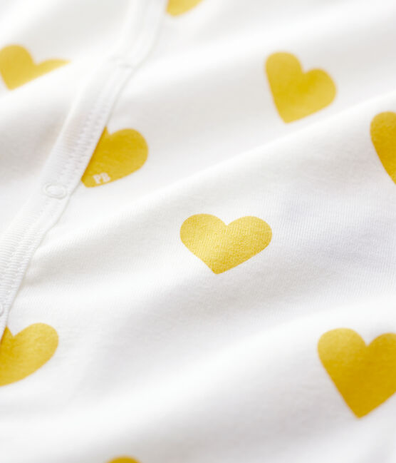Tutina pigiama senza piedi bebè a cuori gialli in cotone biologico bianco MARSHMALLOW/bianco MULTICO