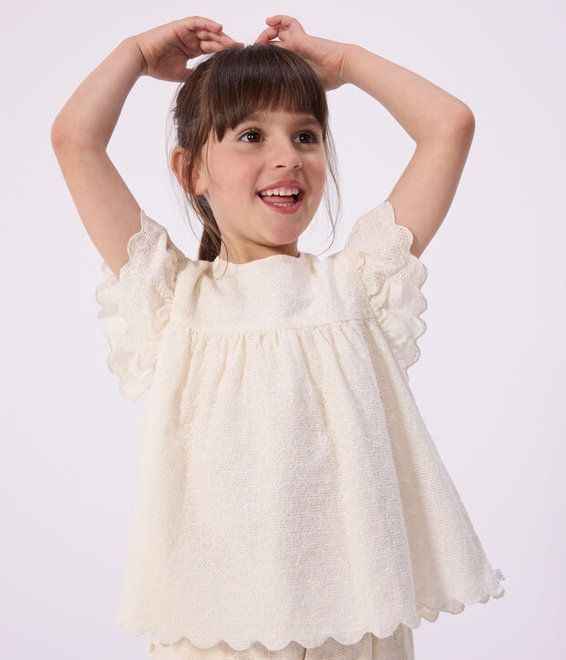Blusa a maniche corte in cotone con motivo a cuori bambina bianco