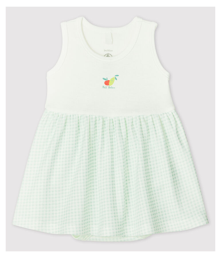 Abito-body a quadrettini vichy beb&egrave; femmina in cotone biologico bianco MARSHMALLOW/blu HAITI