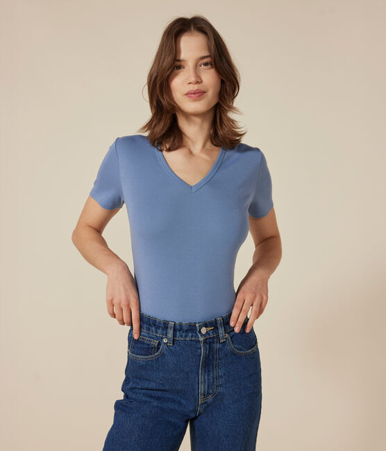 T-shirt L'Iconique scollo a V in cotone tinta unita donna blu BEACH