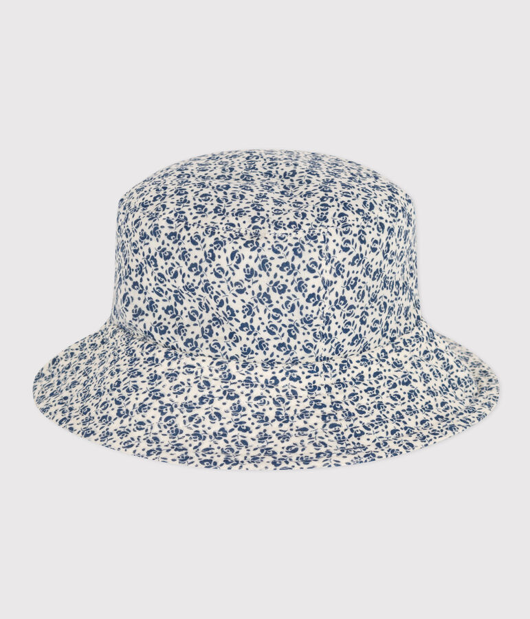 Cappellino in garza di cotone a fiori blu bambina ecru/blu