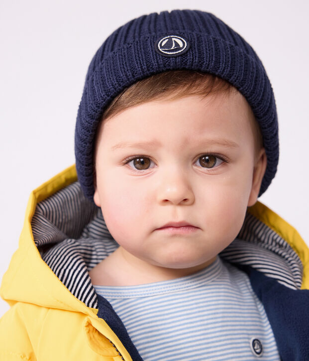 Berretto beb&egrave; in maglia foderato in pile blu