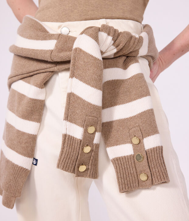 Pullover dolcevita in misto lana e cotone a righe donna beige/ecru