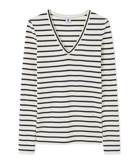 T-shirt donna a maniche lunghe a righe con scollo a V beige COQUILLE/blu SMOKING
