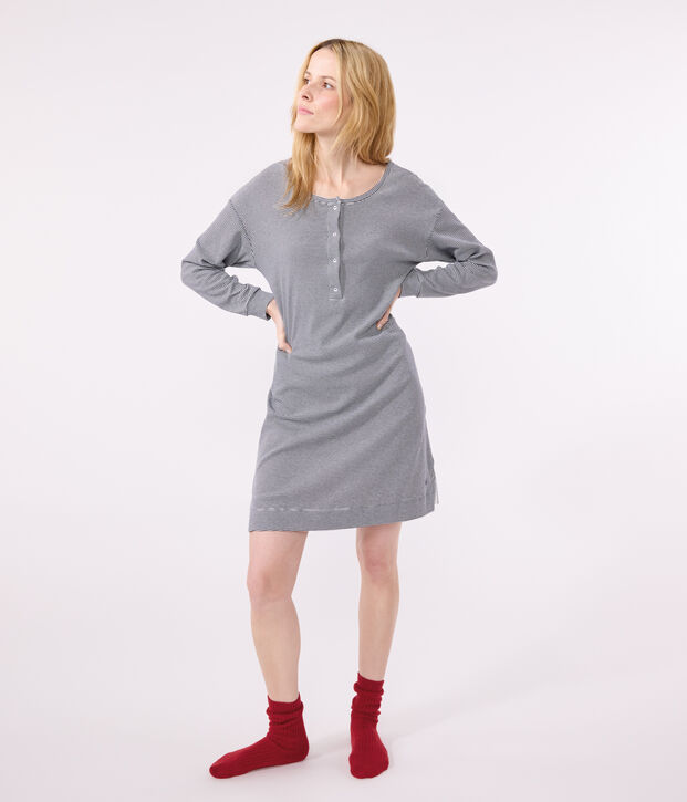 Camicia da notte in cotone a righe donna blu/bianco