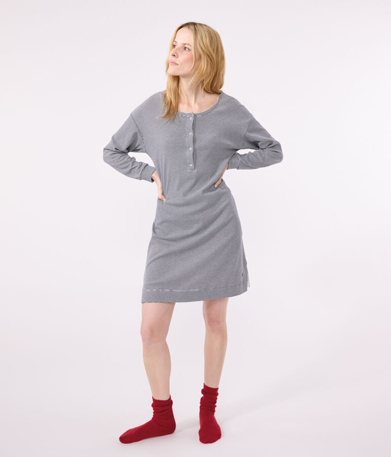 Camicia da notte in cotone a righe donna blu/bianco