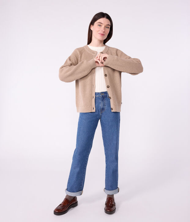 Cardigan in misto lana e cotone tinta unita donna marrone