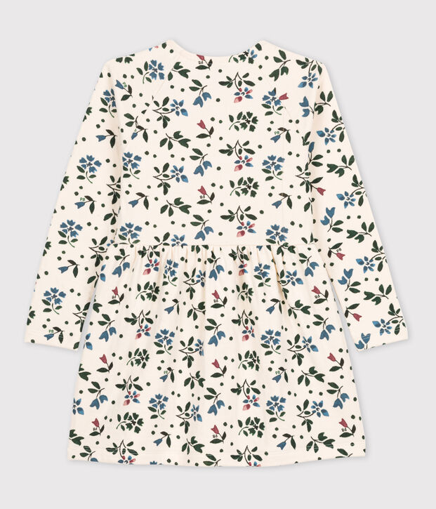 Abito bambina a maniche lunghe in tubique a fiori ecru/multicolore