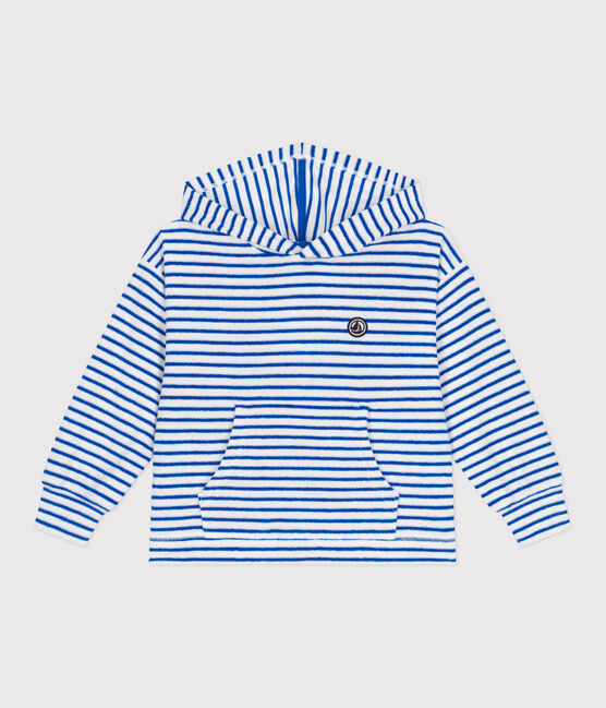 Felpa con cappuccio bambino unisex in spugna di cotone a righe blu MARSHMALLOW/ PORCELANA