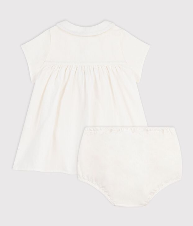 Abito in misto cotone/lino neonata con bloomer abbinato con ricamo decorativo bianco