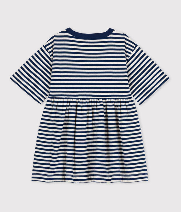 Abito bambina a maniche 3/4 in cotone a righe blu/beige