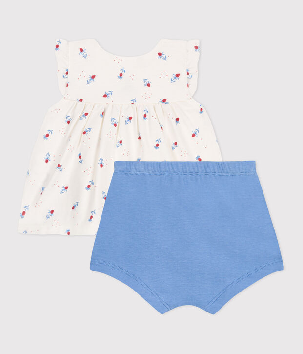 Completo nascita due pezzi in cotone con blusa a volant bianco/multicolore