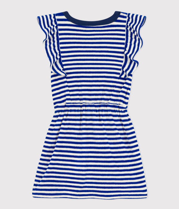 Abito bambina in spugna bouclette a righe senza maniche blu/ecru