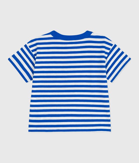 T-shirt a maniche corte in cotone a righe neonato blu PORCELANA/ MARSHMALLOW