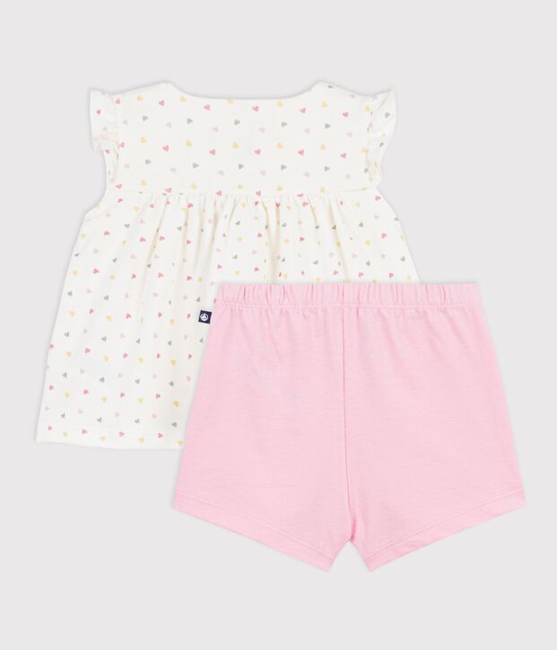 Set 2 pezzi in cotone stampato a cuoricini neonata bianco/multicolore