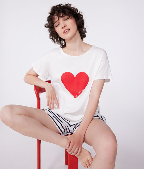 Pigiama corto in cotone con stampa a cuori donna bianco MARSHMALLOW/blu SMOKING