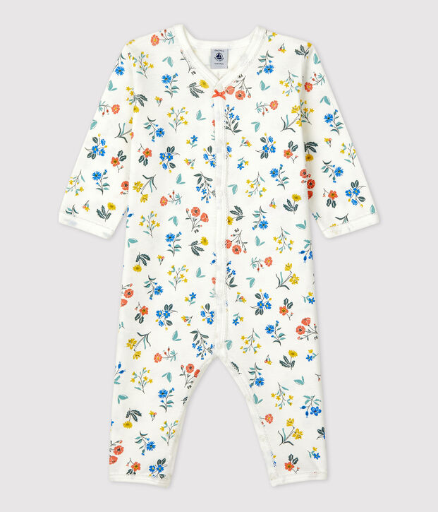 Tutina pigiama senza piedi a fiori beb&egrave; in cotone bianco/multicolore